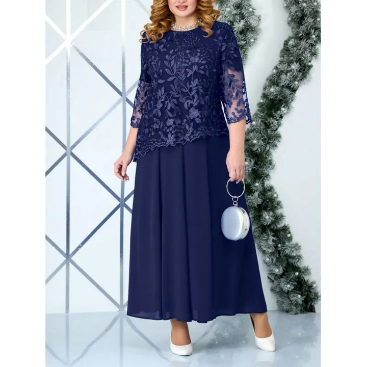 Pink women's long formal dress with elegant lace bodice, 3/4 sleeves. Perfect evening gown or special occasion party wear.