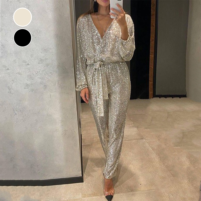 Shimmering sequin formal jumpsuit, perfect party outfit for special occasions.