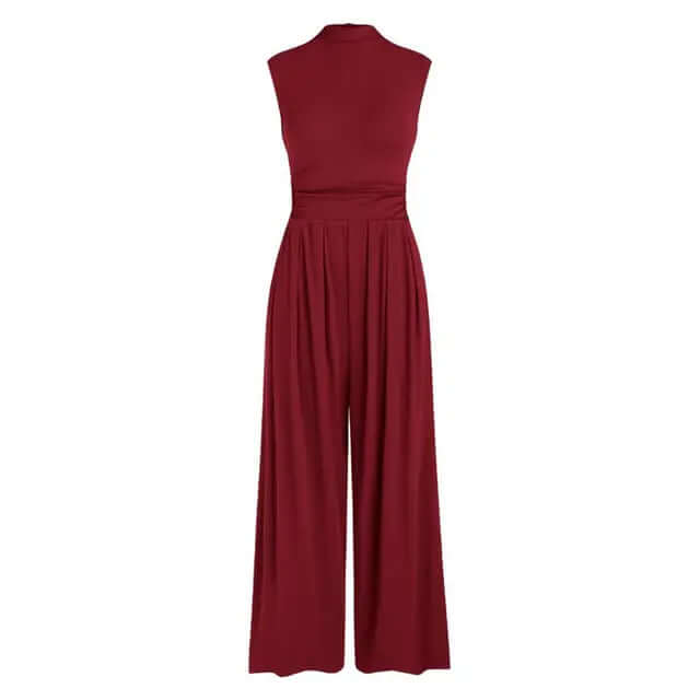 Full length view of an elegant women's formal wide-leg jumpsuit, ideal for sophisticated events.