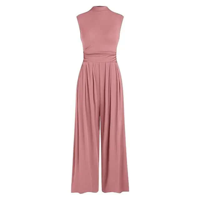Dazzling wine red formal wide-leg jumpsuit for women, a stylish evening outfit.