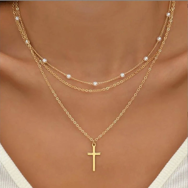 Women's TriLevel layered necklace with pearl pendant & adjustable gold chain; an elegant, delicate gift.