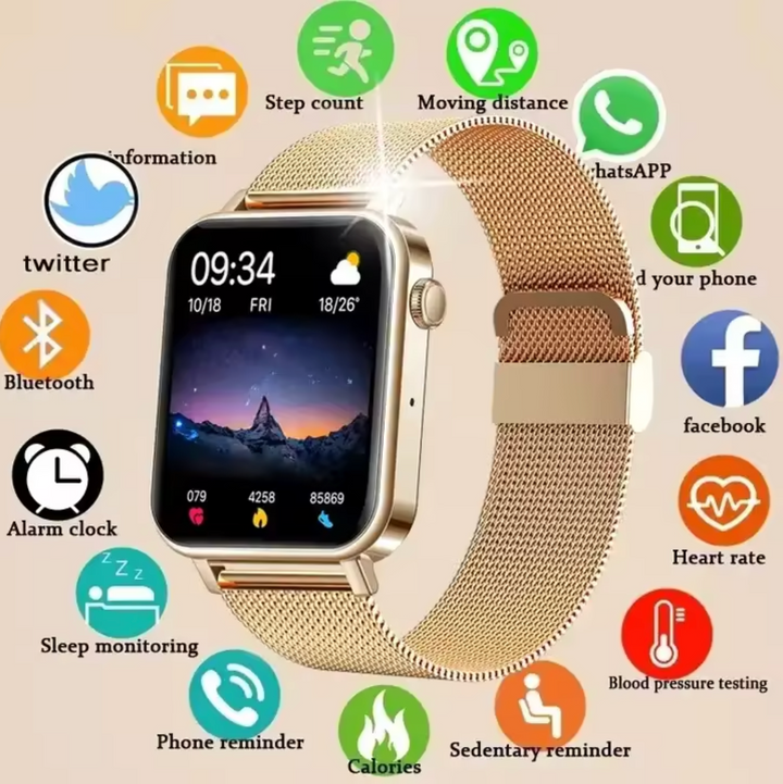 Elegant women's gold smartwatch for health & fitness tracking with a vibrant touch screen.