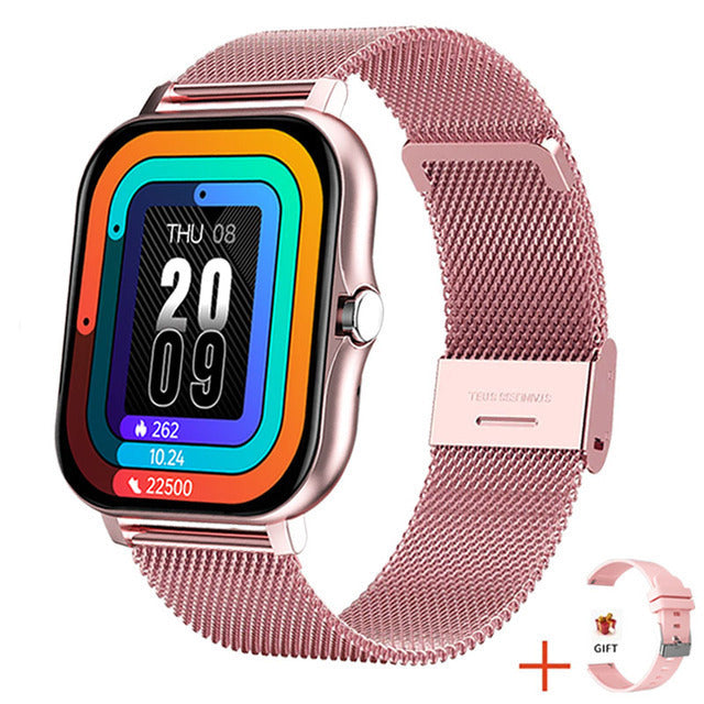Black women's fitness smartwatch, sleek design, monitors steps, calories, & notifications.