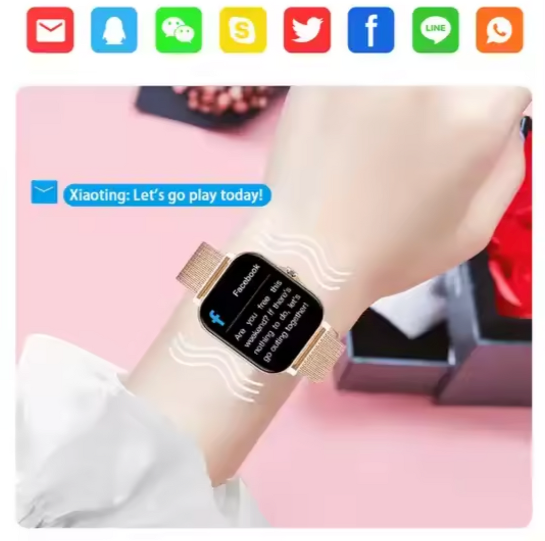 Gold women's smart fitness watch, multi-sport modes, heart rate, & stylish accessory.