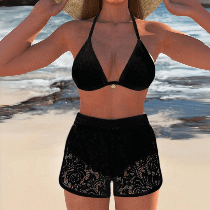 Elegant women's halter lace bikini set with high waist bottoms, perfect for summer beach swimwear.