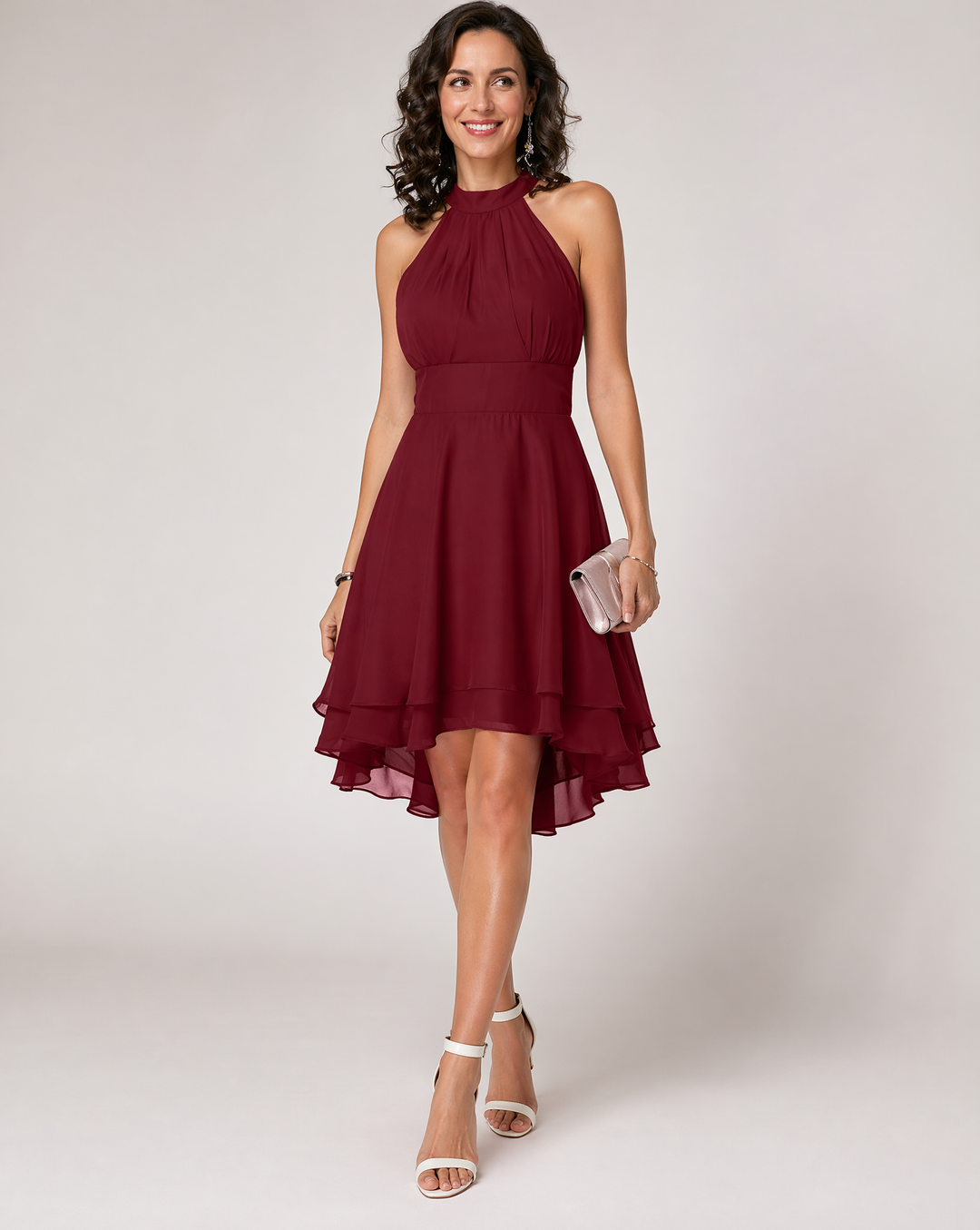 Elegant women's halter midi cocktail dress, perfect for parties and special occasions.