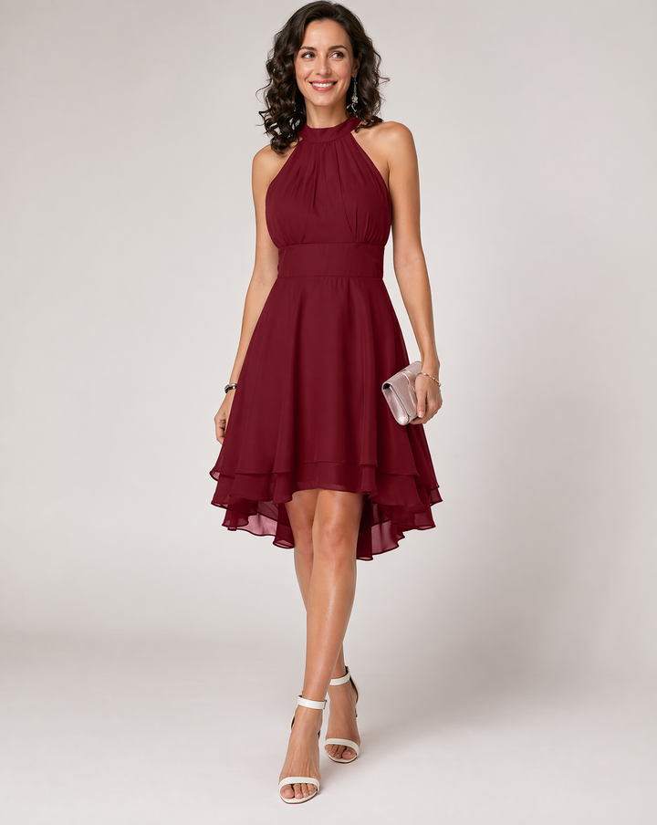 Elegant women's halter midi cocktail dress, perfect for parties and special occasions.