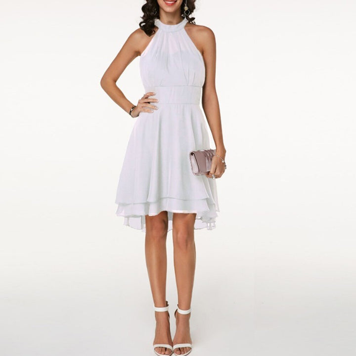 Flattering women's halter cocktail dress, a chic midi length for any party.