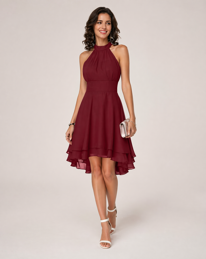 Women's elegant halter neck midi dress, perfect for cocktail parties and formal events.