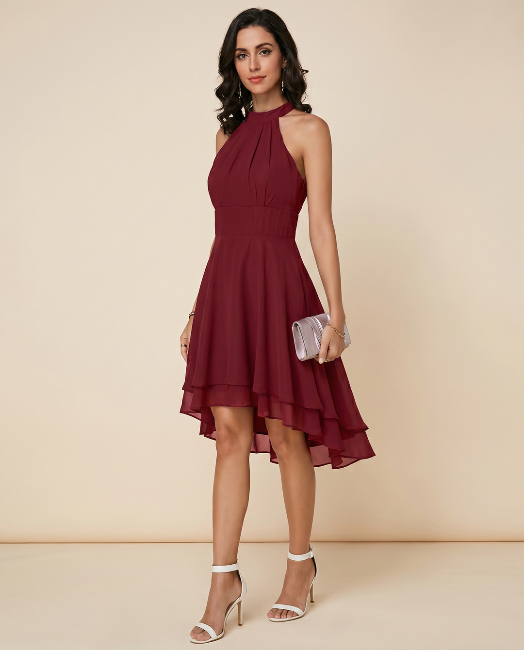 Women's special occasion halter midi dress, elegant and perfect for evening parties.
