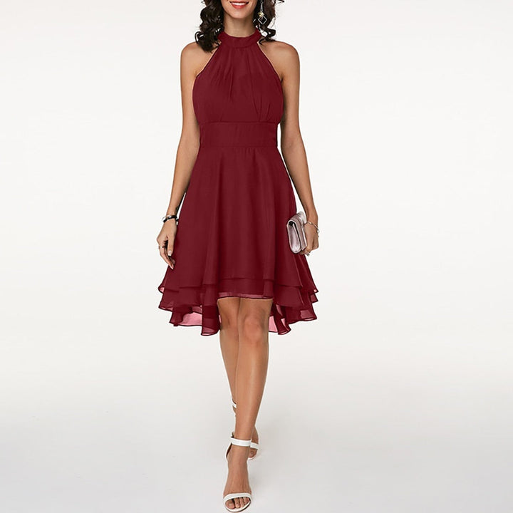 Graceful women's party midi dress with a stylish halter neckline, very flattering.