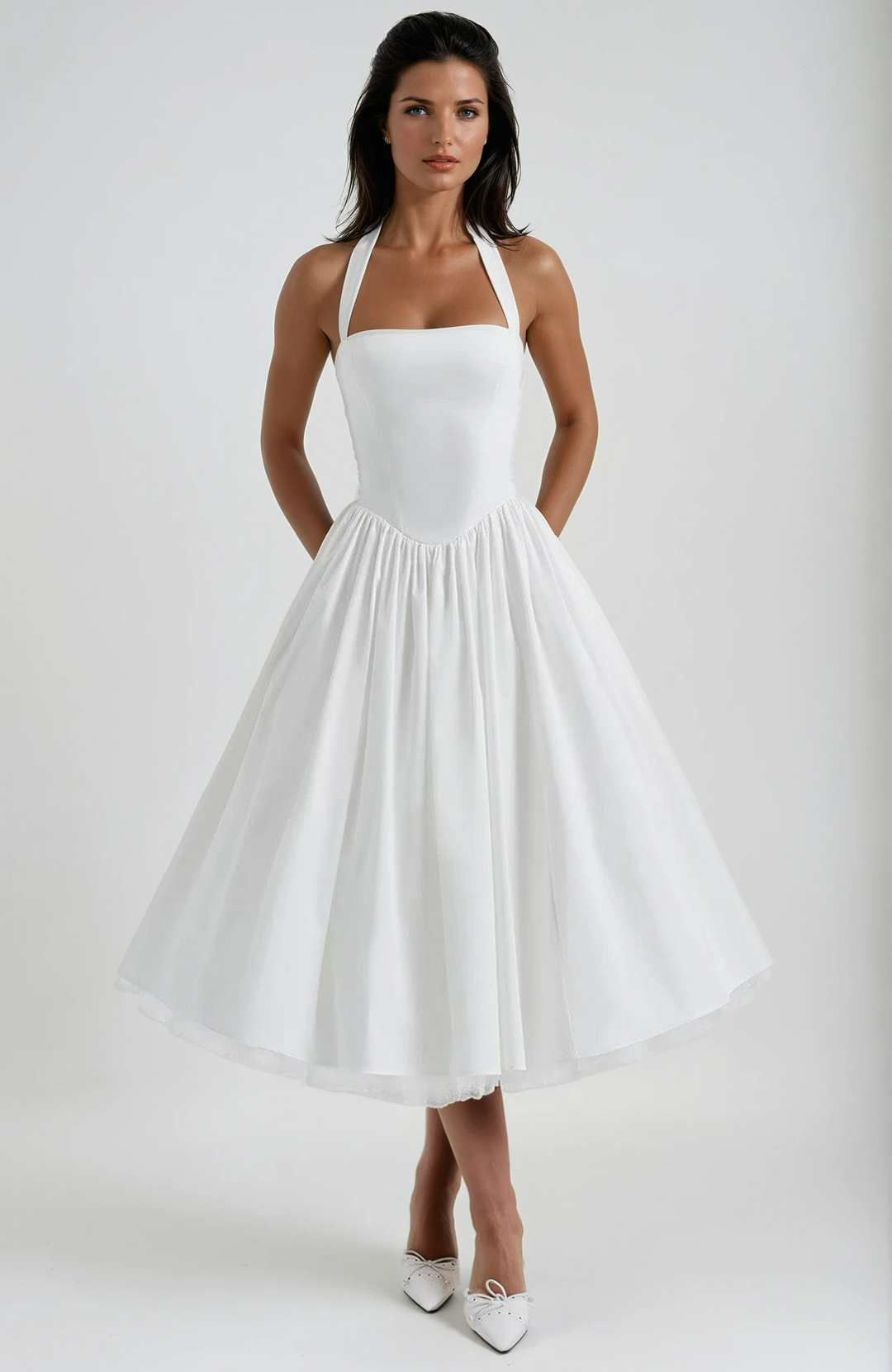 Elegant women's halter midi dress, perfect for wedding guests & formal occasions. Classic & flattering fit.