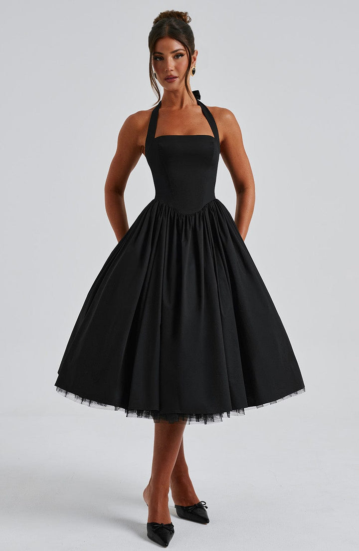 Versatile women's elegant halter midi dress, ideal for wedding guests, parties, and special occasions.
