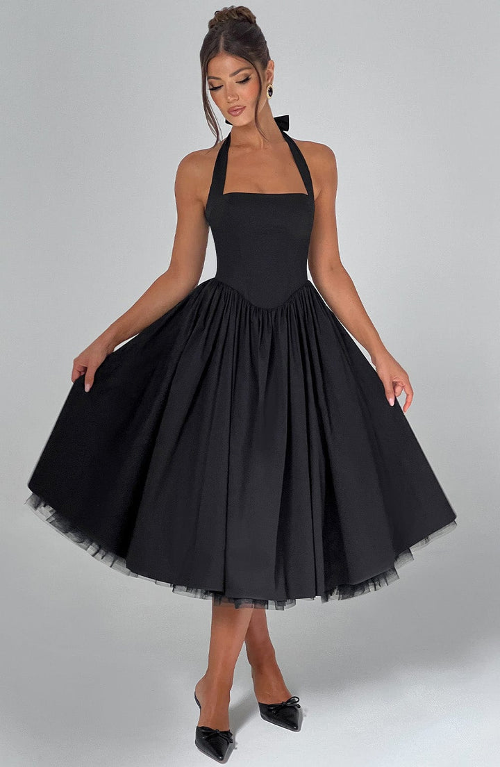 Premium elegant halter midi dress for women, a sophisticated and timeless choice for any formal event or wedding.