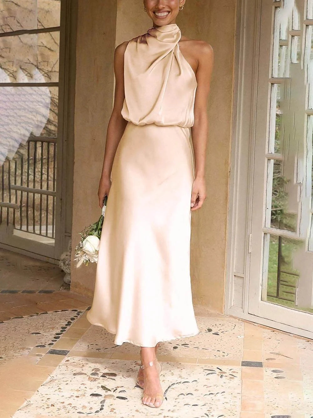Versatile halter neck midi dress for bridesmaids, cocktail parties, evening gowns, and wedding guests.