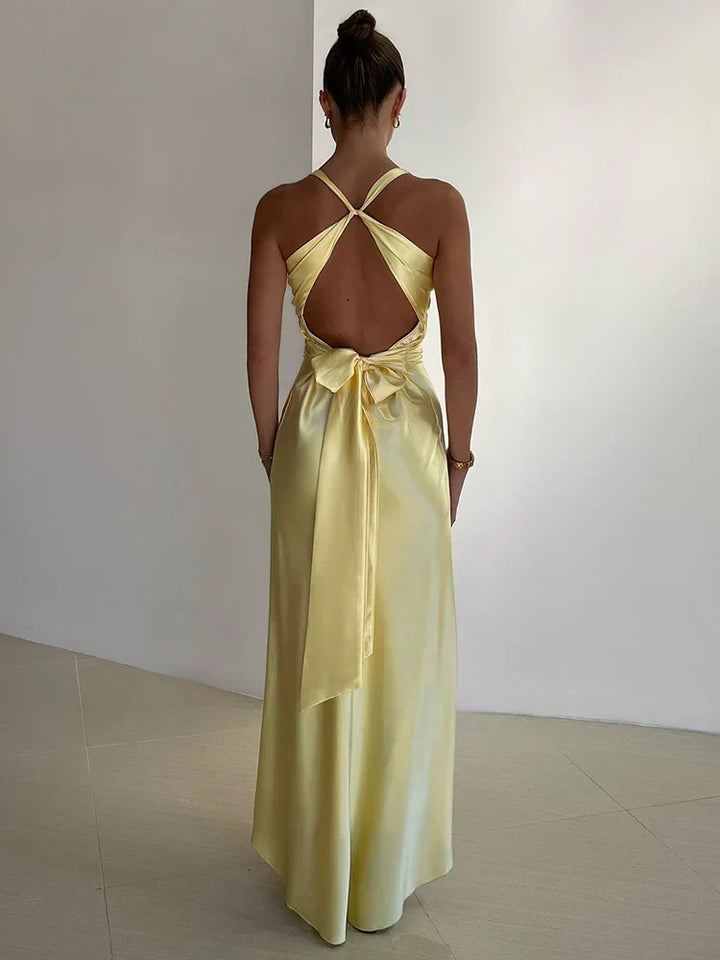 Luxurious satin halter neck long dress for women, ideal as a party dress, prom gown, or formal evening wear.