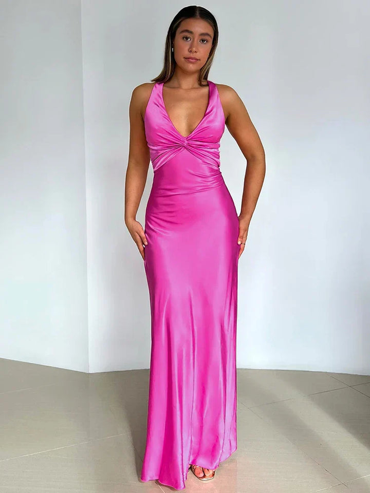 Chic women's halter neck satin maxi dress, a sophisticated evening gown for cocktail parties & formal events.