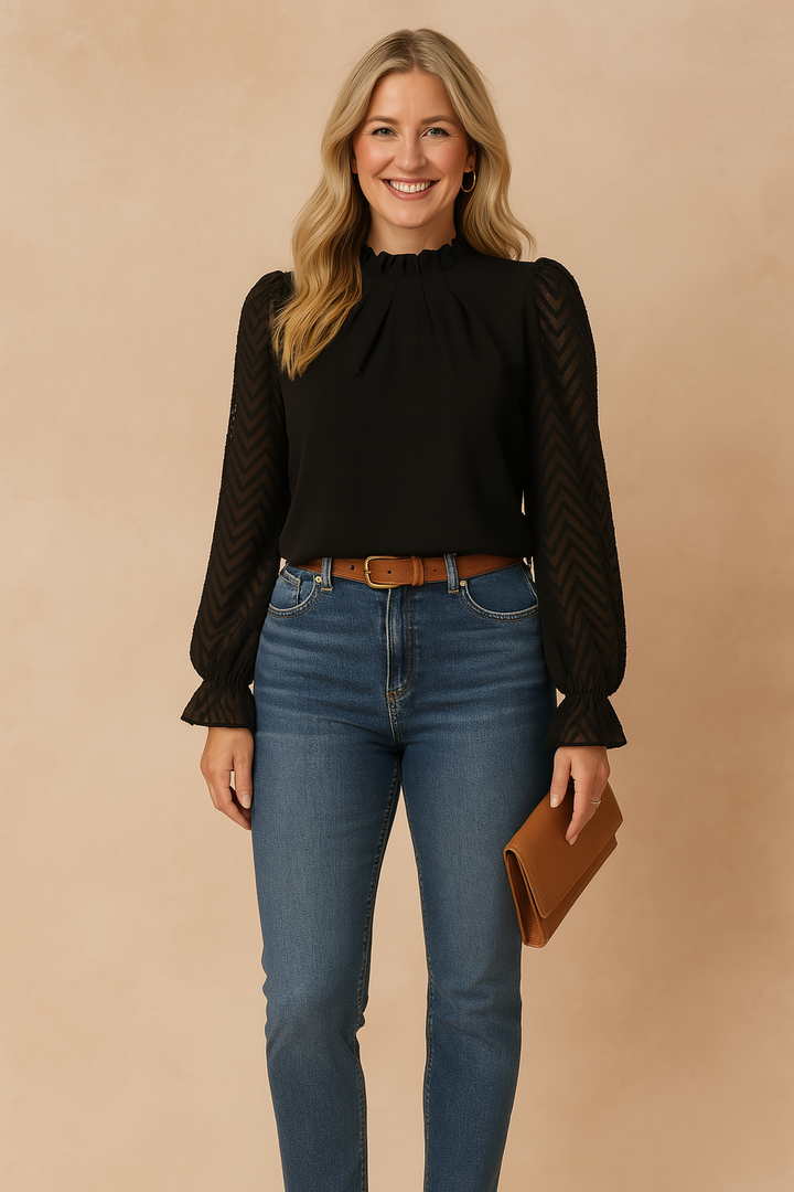 Elegant women's high-neck blouse with sheer long sleeves, perfect for sophisticated office wear or formal occasions.
