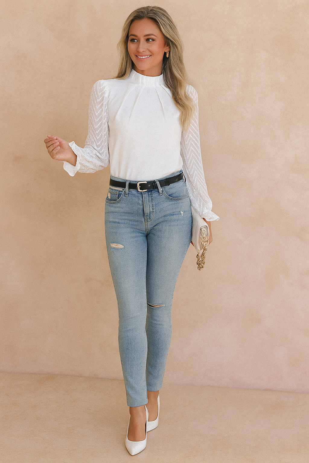 Stylish women's high-neck blouse featuring sheer pleated sleeves, a versatile top for casual chic or office fashion.