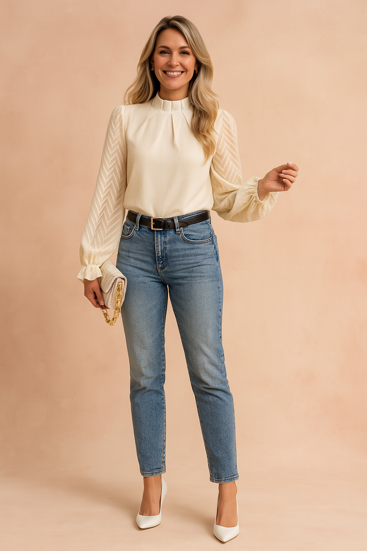Sophisticated high-neck women's blouse with elegant sheer long sleeves, ideal for formal wear and professional style.