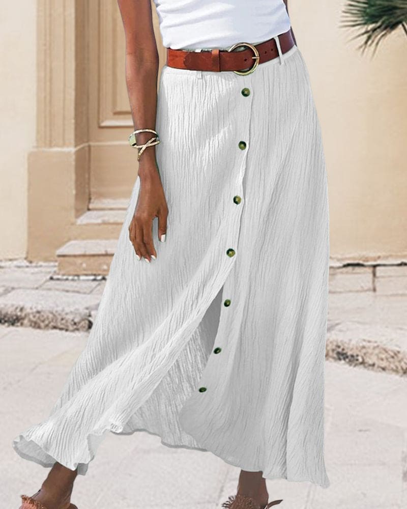 Classic solid color high-waist flowing skirt for women, offering an elegant and comfortable fit.