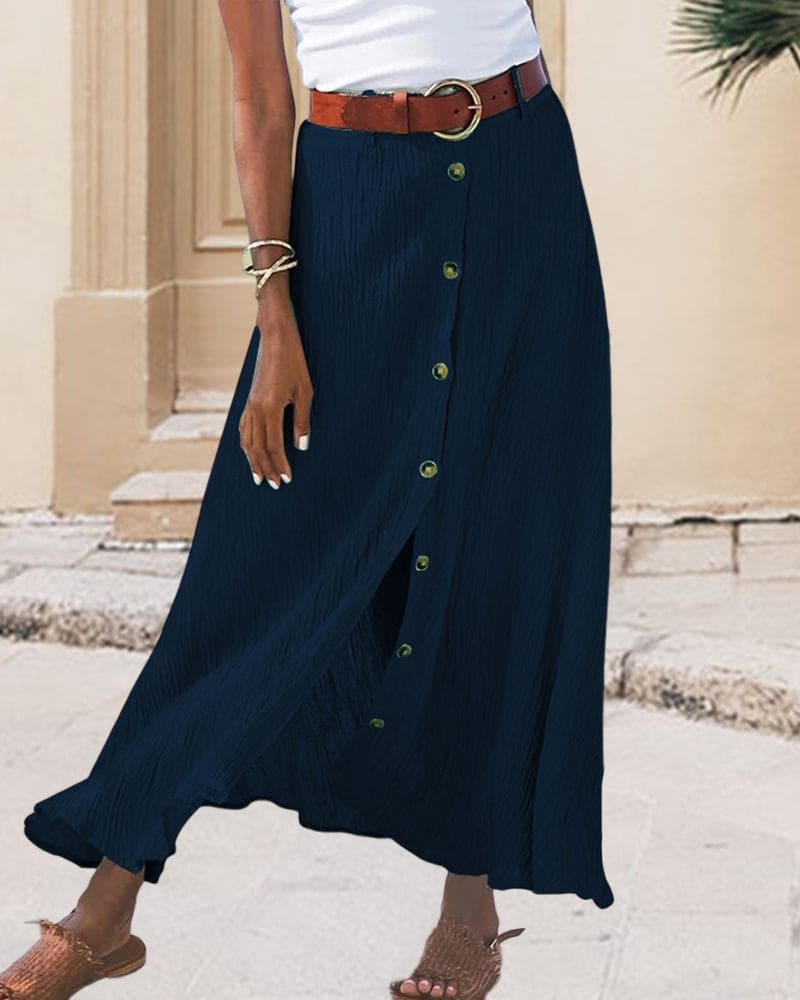 Sophisticated women's high-waist flowing skirt, a solid color essential for elegant fashion.