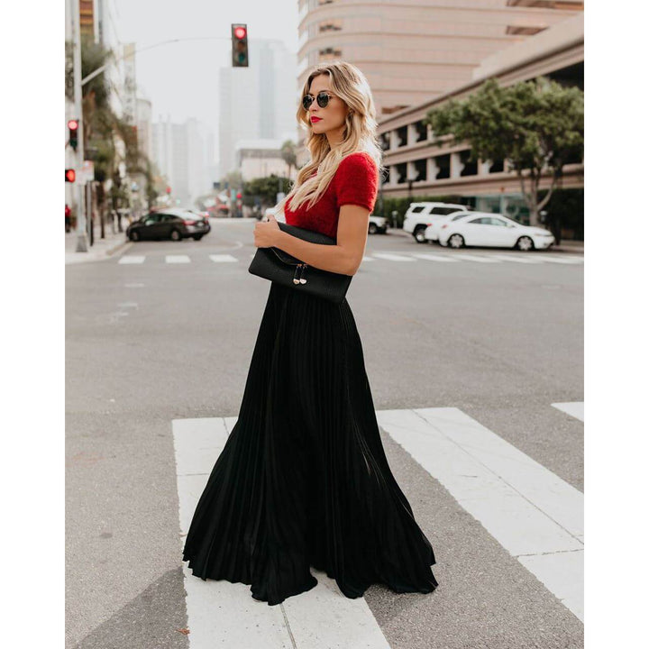 Versatile women's high waist pleated maxi skirt; a comfortable, elegant & flowy long skirt for any occasion.