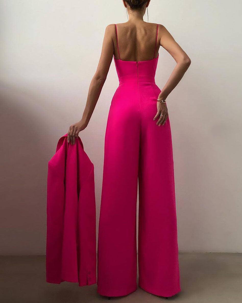 Women's stylish high-waisted jumpsuit with spaghetti straps, perfect for an elegant and comfortable look.