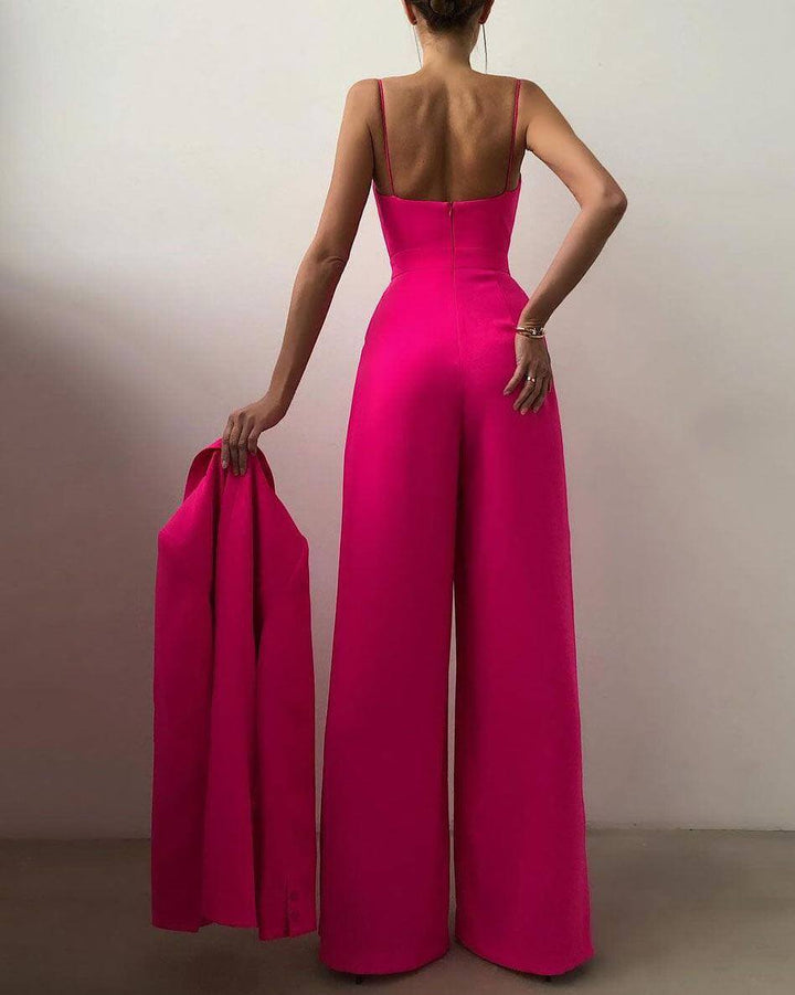 Women's stylish high-waisted jumpsuit with spaghetti straps, perfect for an elegant and comfortable look.