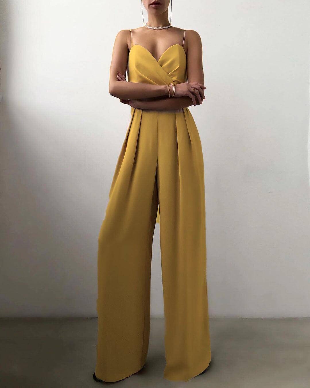 Full-length shot of a women's elegant high-waist spaghetti strap jumpsuit, ideal for chic summer fashion.