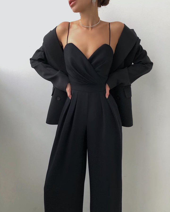 Stylish women's high-waisted jumpsuit with delicate spaghetti straps. Perfect for evening or summer wear.