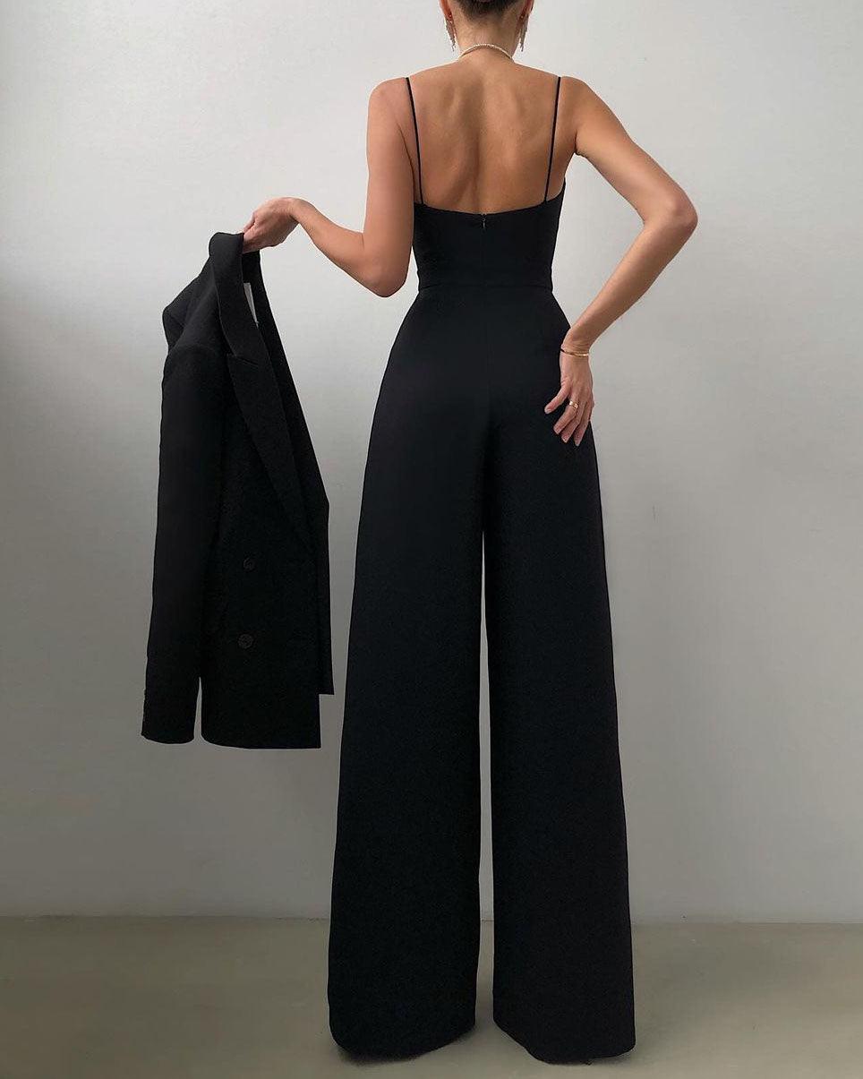 Versatile women's elegant jumpsuit featuring high waist and thin spaghetti straps. Comfortable chic apparel.