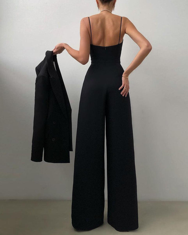 Versatile women's elegant jumpsuit featuring high waist and thin spaghetti straps. Comfortable chic apparel.