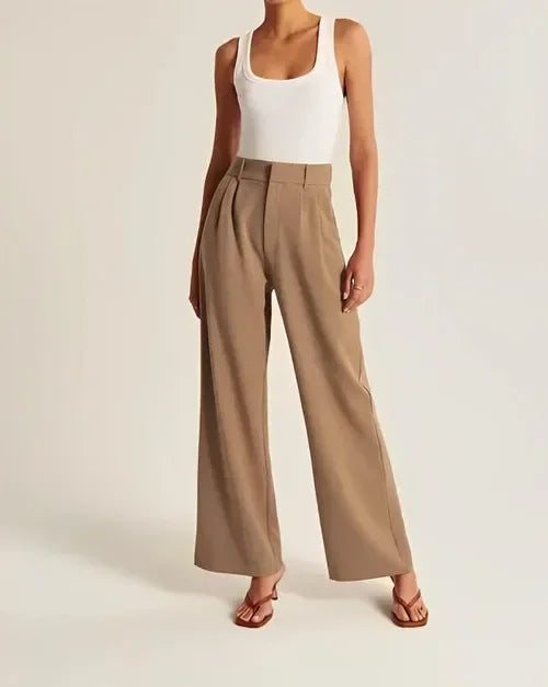 Sophisticated women's high-waist wide-leg pleated trousers, perfect for formal wear or professional business attire.