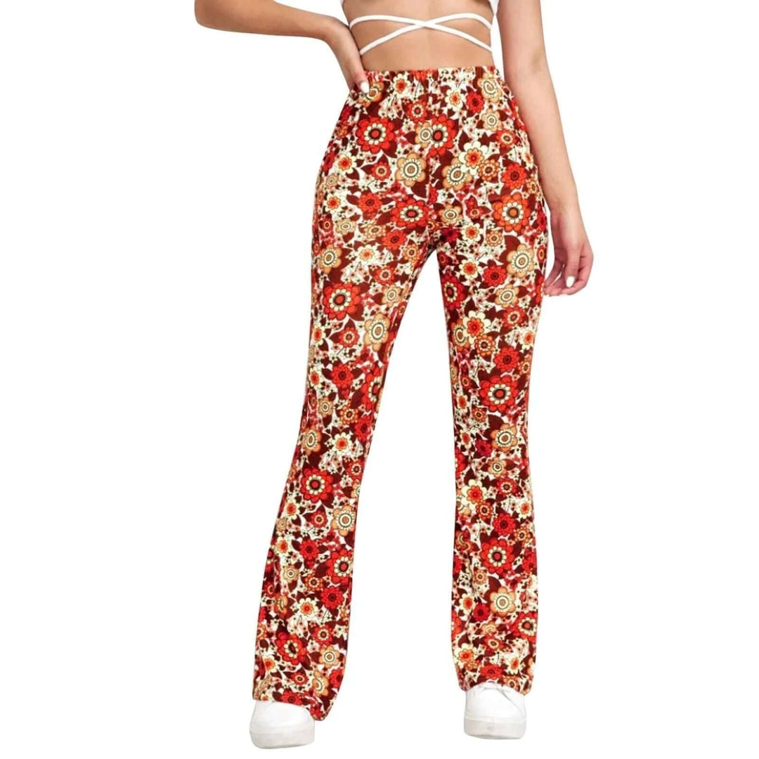 Elegant women's high-waisted floral print flared trousers, comfortable rayon blend for spring/summer fashion.