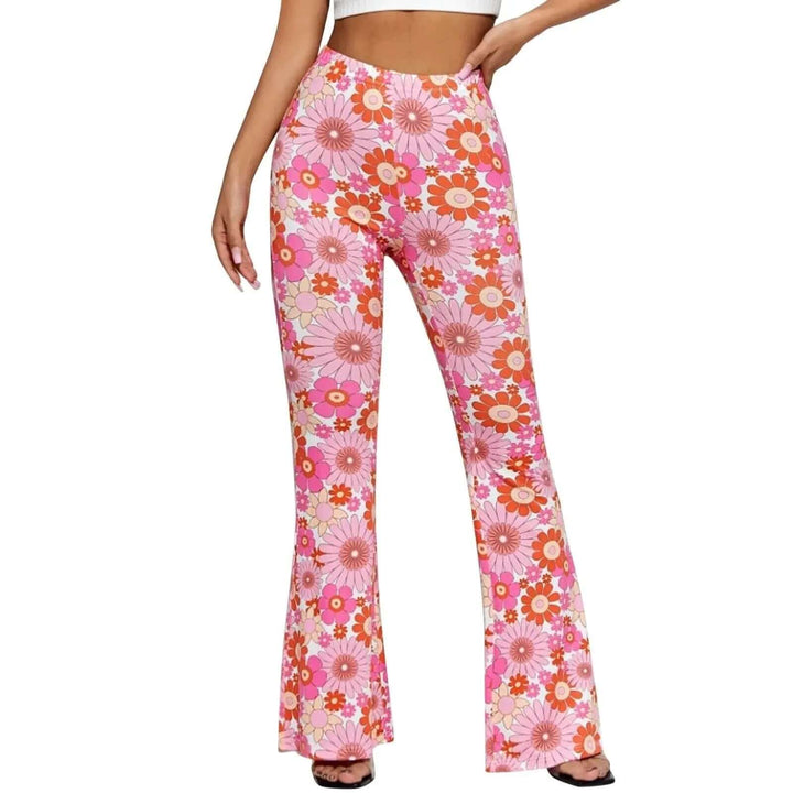 Comfortable women's rayon blend flared trousers with vibrant floral print. High-waisted design for effortless spring style.