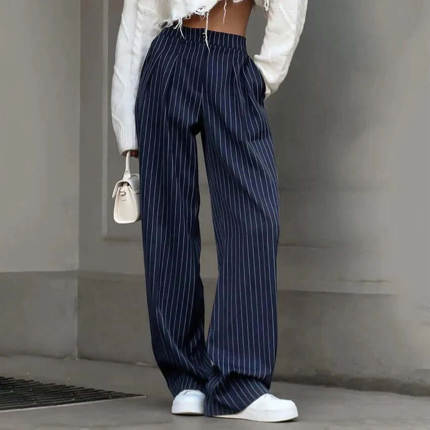 Elegant women's high-waisted navy striped trousers, perfect for office wear or formal occasions, offering comfort & style.