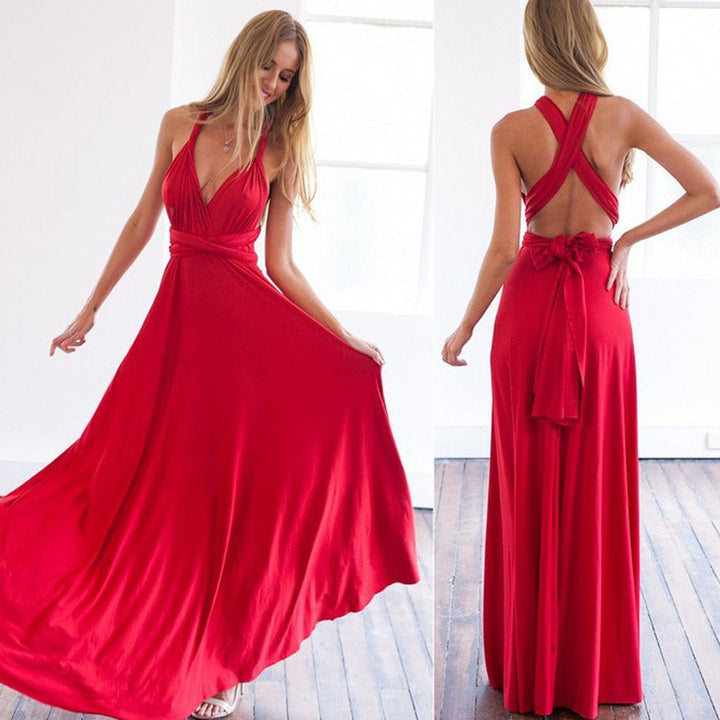 Full-length elegant women's infinity maxi dress, ideal as a sophisticated party dress or formal wedding gown.