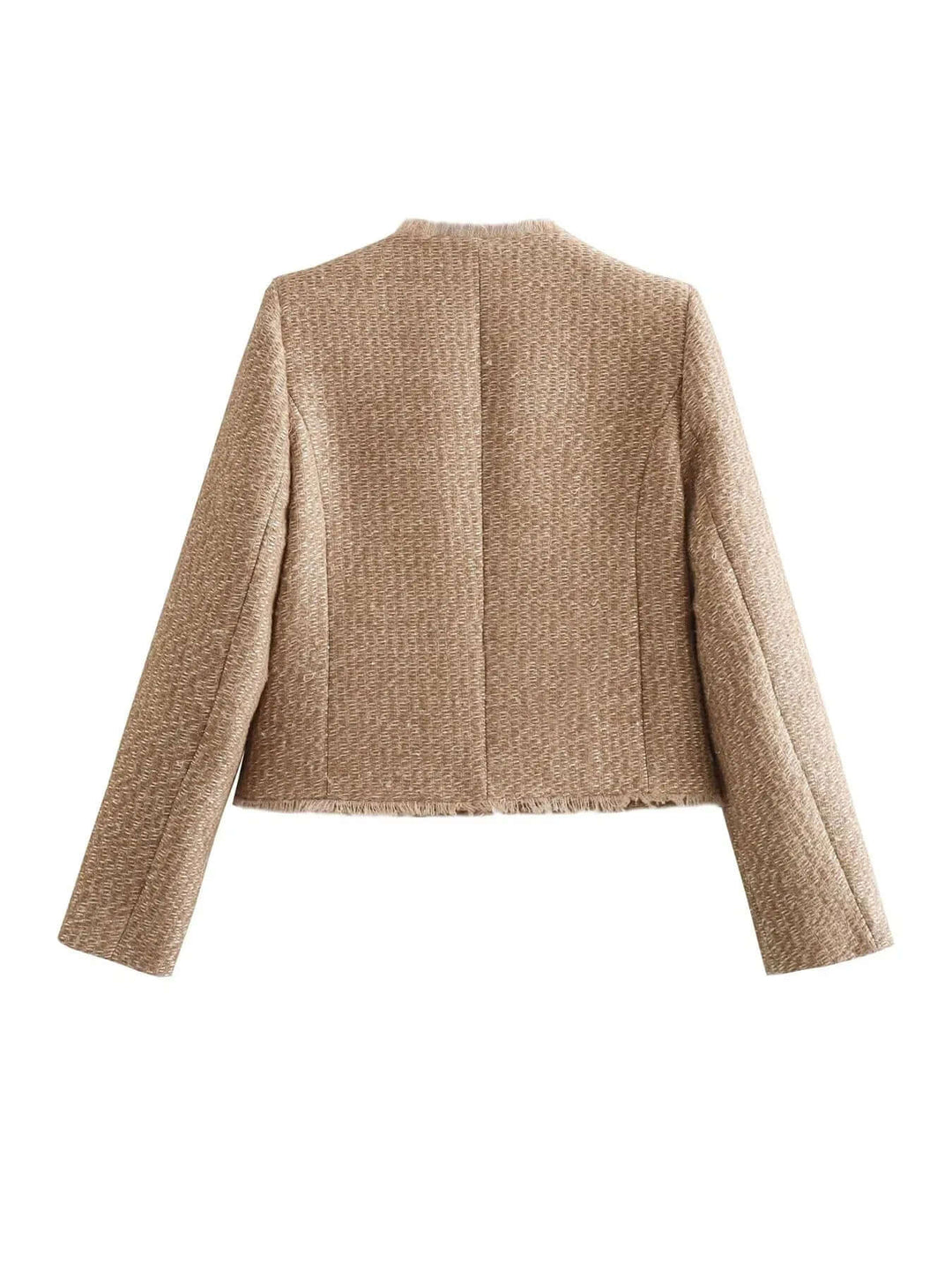 Chic women's tweed jacket in khaki, perfect for elegant layering and timeless sophisticated style.
