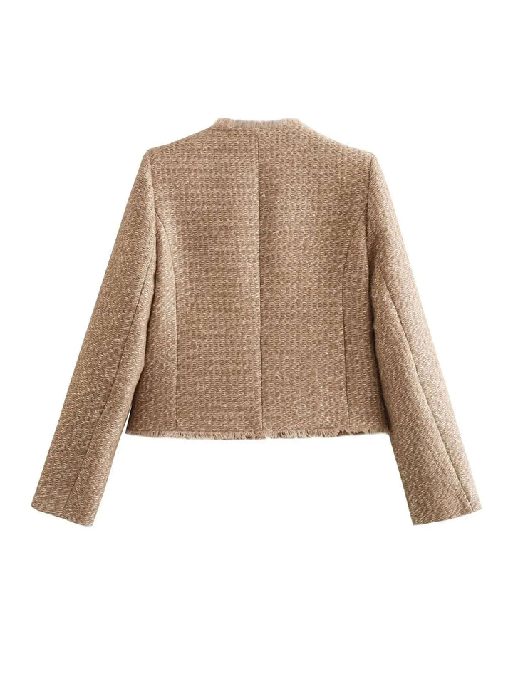 Chic women's tweed jacket in khaki, perfect for elegant layering and timeless sophisticated style.