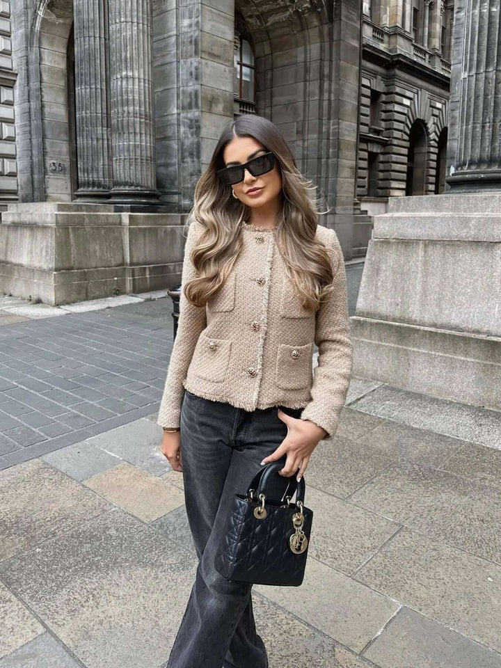 Khaki tweed jacket for women, an elegant and chic layering piece, perfect for timeless fall fashion.