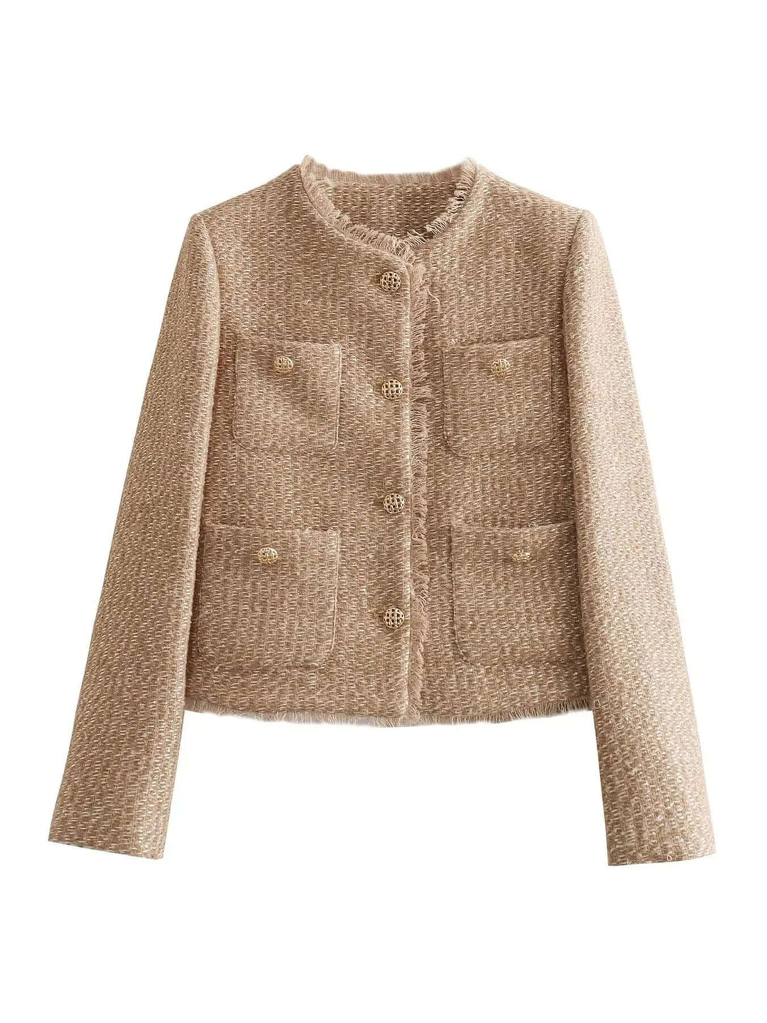 Sophisticated women's khaki tweed jacket, ideal for elegant layering and a timeless, chic fashion statement.