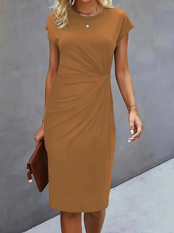 Professional women's knee-length sheath dress with a stylish ruched waist, perfect for the office.