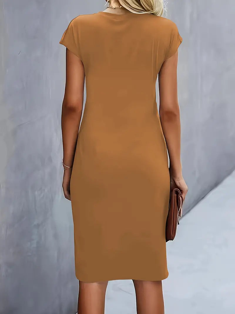 Modern women's knee-length sheath dress, solid, with a fashionable ruched waist accent.