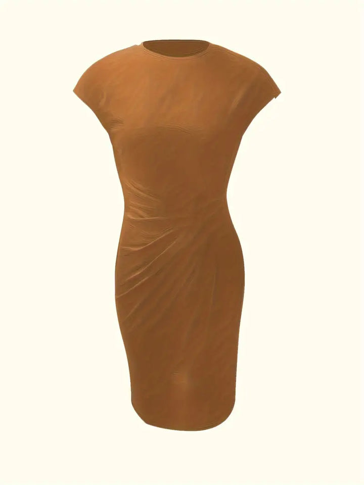 Elegant women's party-ready knee-length sheath dress, with a tastefully ruched waist detail.