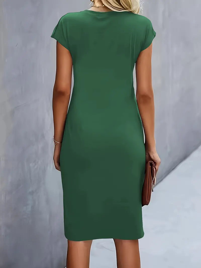 Elegant women's summer knee-length sheath dress with a comfortable and sophisticated ruched waist.