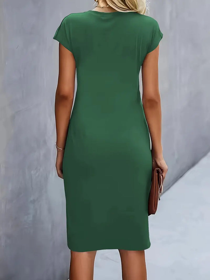Elegant women's summer knee-length sheath dress with a comfortable and sophisticated ruched waist.