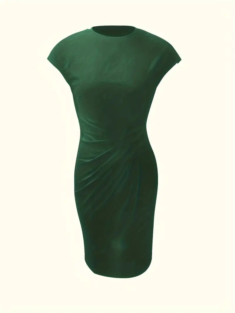 Solid color knee-length sheath dress for women, elegant design with a refined ruched waist.