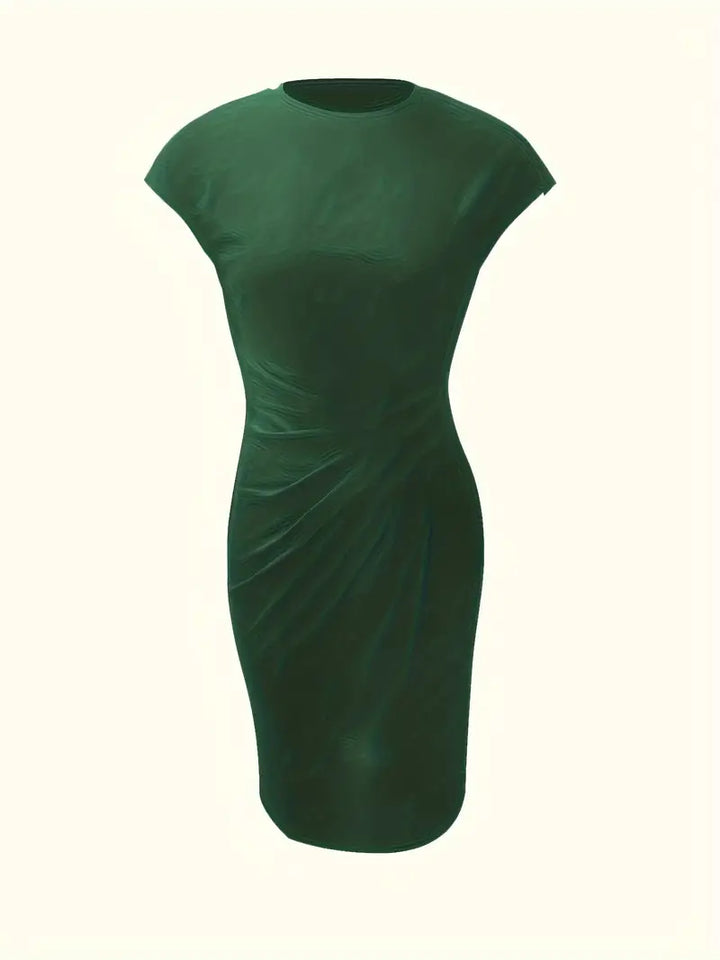 Solid color knee-length sheath dress for women, elegant design with a refined ruched waist.