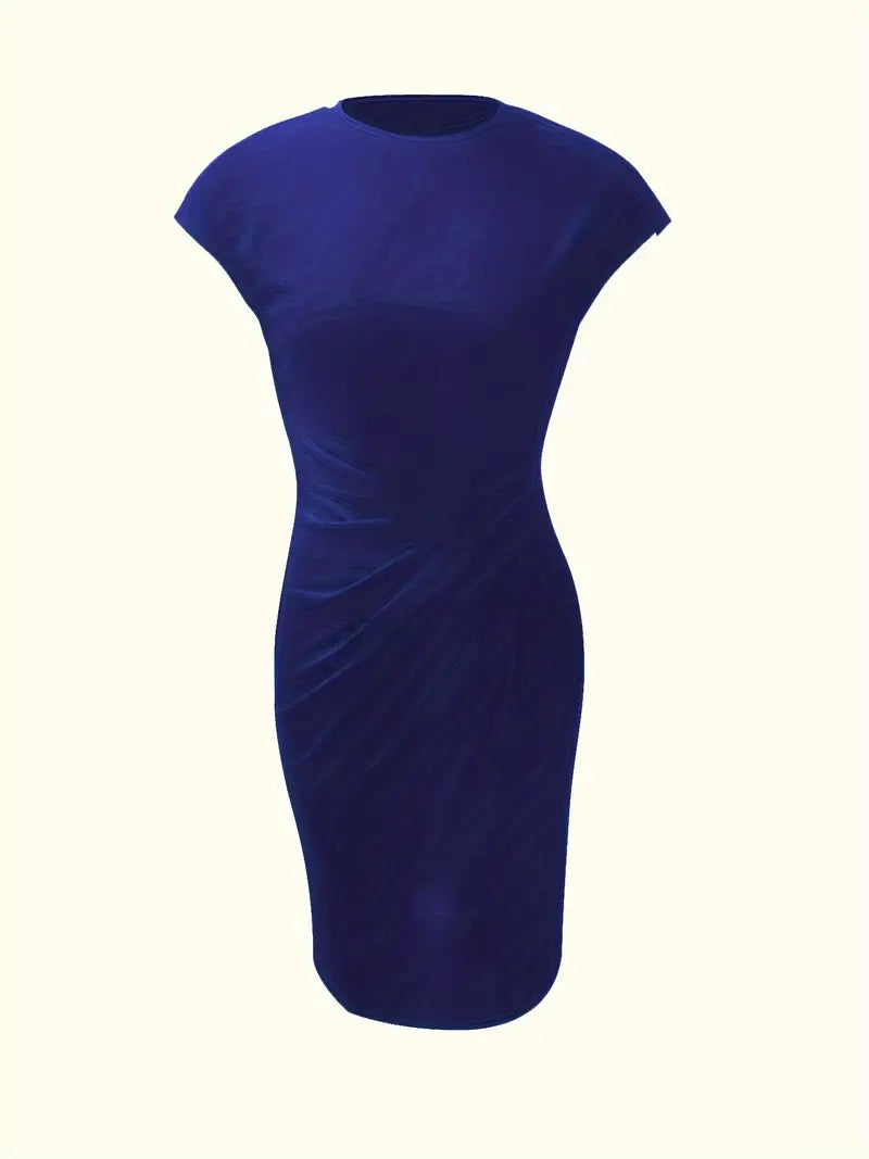 Elegant women's professional sheath dress, knee-length, with a flattering ruched waistline.